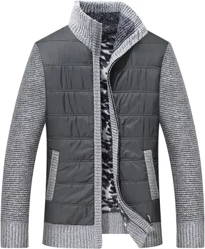 tuduoms Men's Thermal Chunky Knit Sweaters Stand Collar Full Zip Cardigan Jacket Thick Fleece Lined Cotton Padded Overcoats