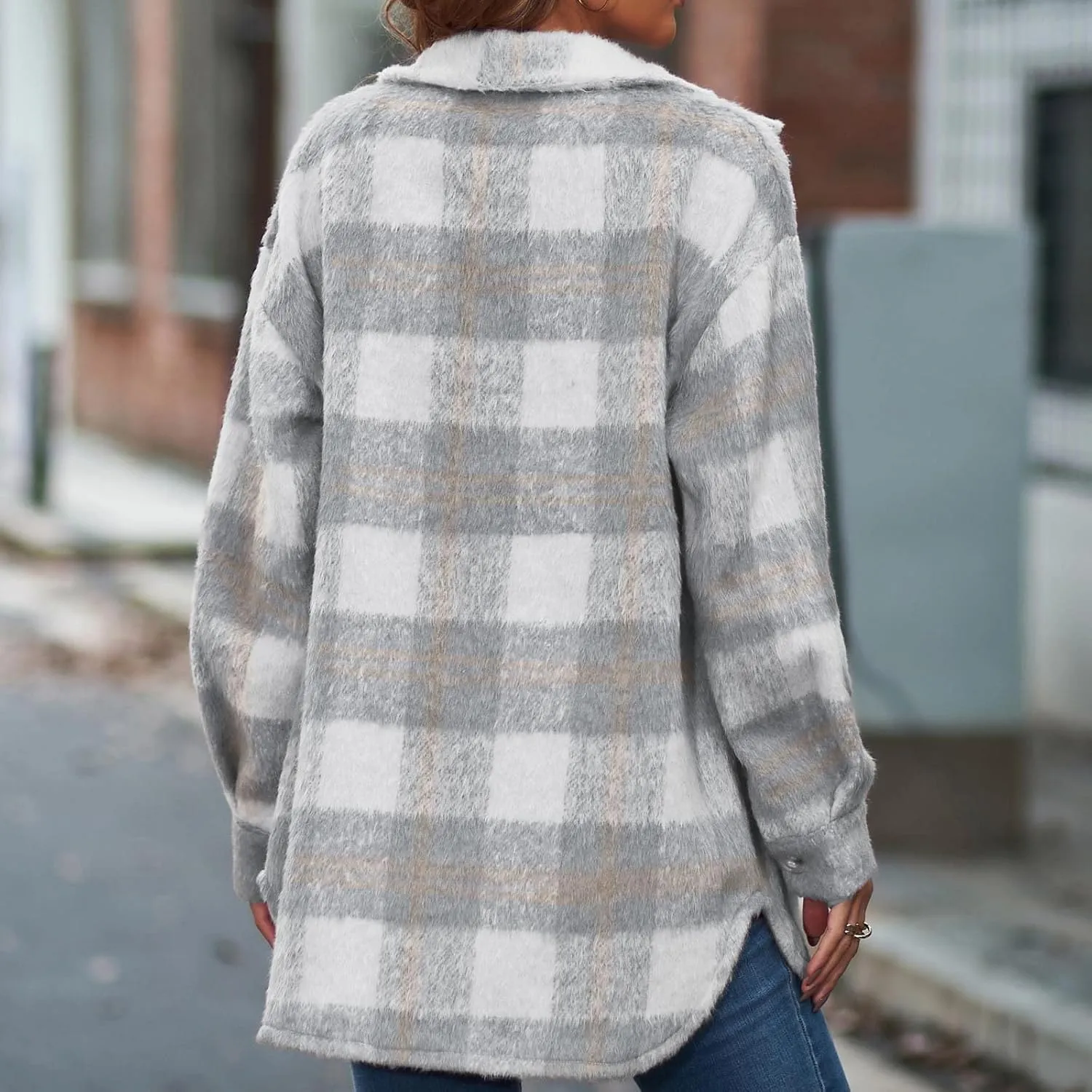 tuduoms Women's Fuzzy Wool Blend Long Jacket Plaid Shacket Brushed Flannel Shirt Jacket Vintage Long Wool Blend Tartan Coat