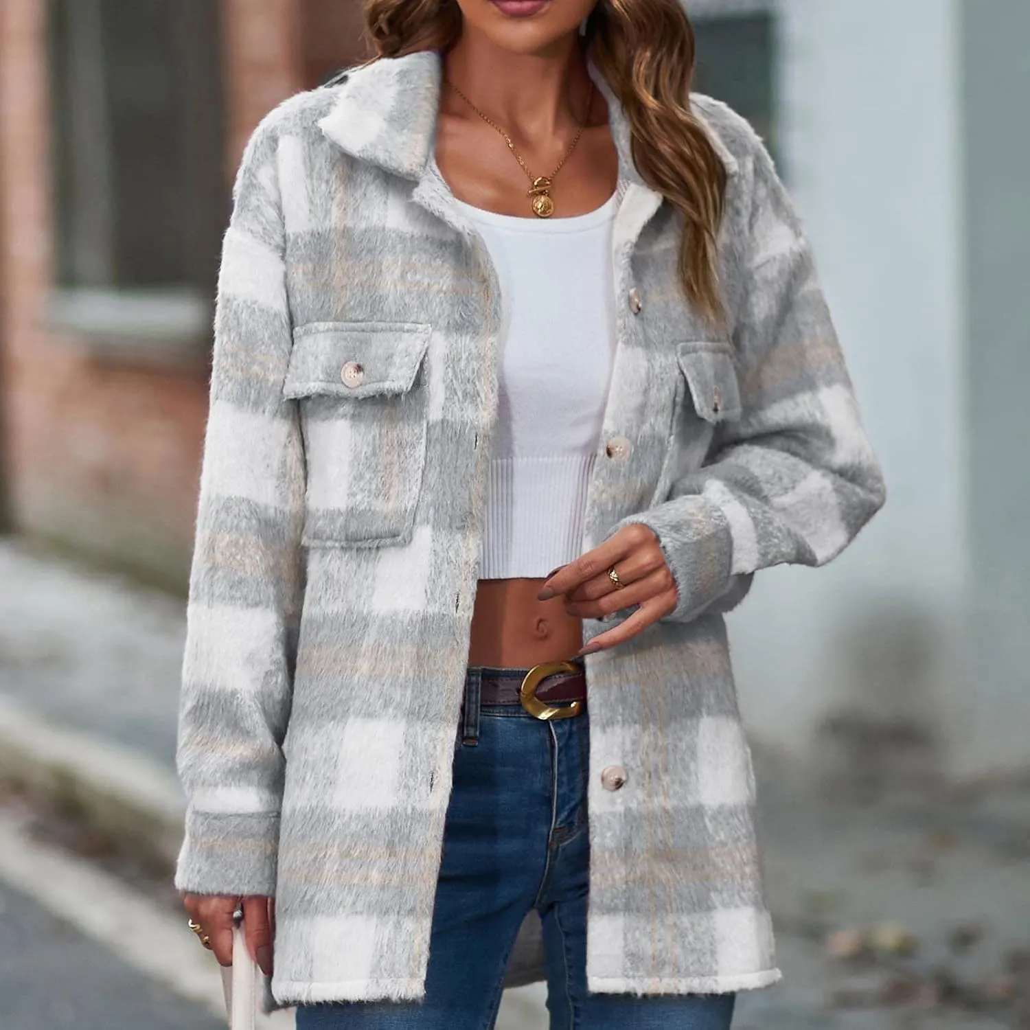 tuduoms Women's Fuzzy Wool Blend Long Jacket Plaid Shacket Brushed Flannel Shirt Jacket Vintage Long Wool Blend Tartan Coat