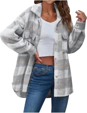 tuduoms Women's Fuzzy Wool Blend Long Jacket Plaid Shacket Brushed Flannel Shirt Jacket Vintage Long Wool Blend Tartan Coat