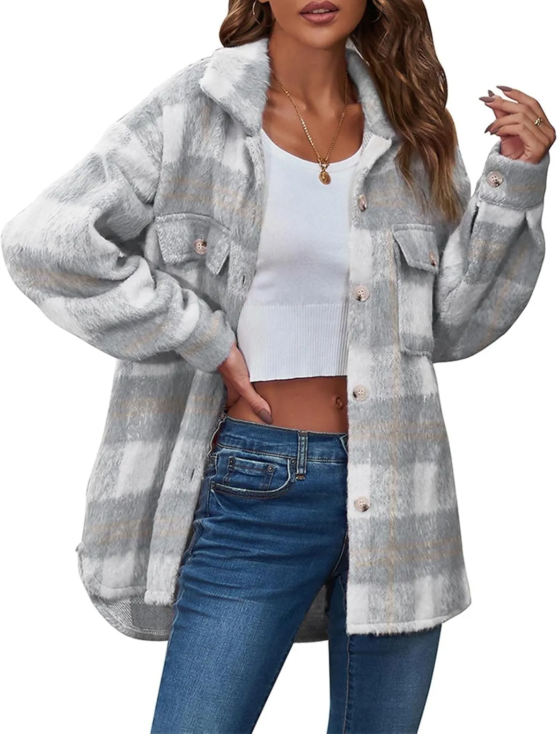 tuduoms Women's Fuzzy Wool Blend Long Jacket Plaid Shacket Brushed Flannel Shirt Jacket Vintage Long Wool Blend Tartan Coat