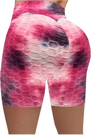 Tummy Control Booty Shorts Women Tie Dye High Waist Yoga Shorts Bubble Texture Butt Lifting Shorts Workout Shorts
