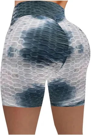 Tummy Control Booty Shorts Women Tie Dye High Waist Yoga Shorts Bubble Texture Butt Lifting Shorts Workout Shorts