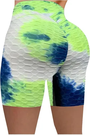 Tummy Control Booty Shorts Women Tie Dye High Waist Yoga Shorts Bubble Texture Butt Lifting Shorts Workout Shorts