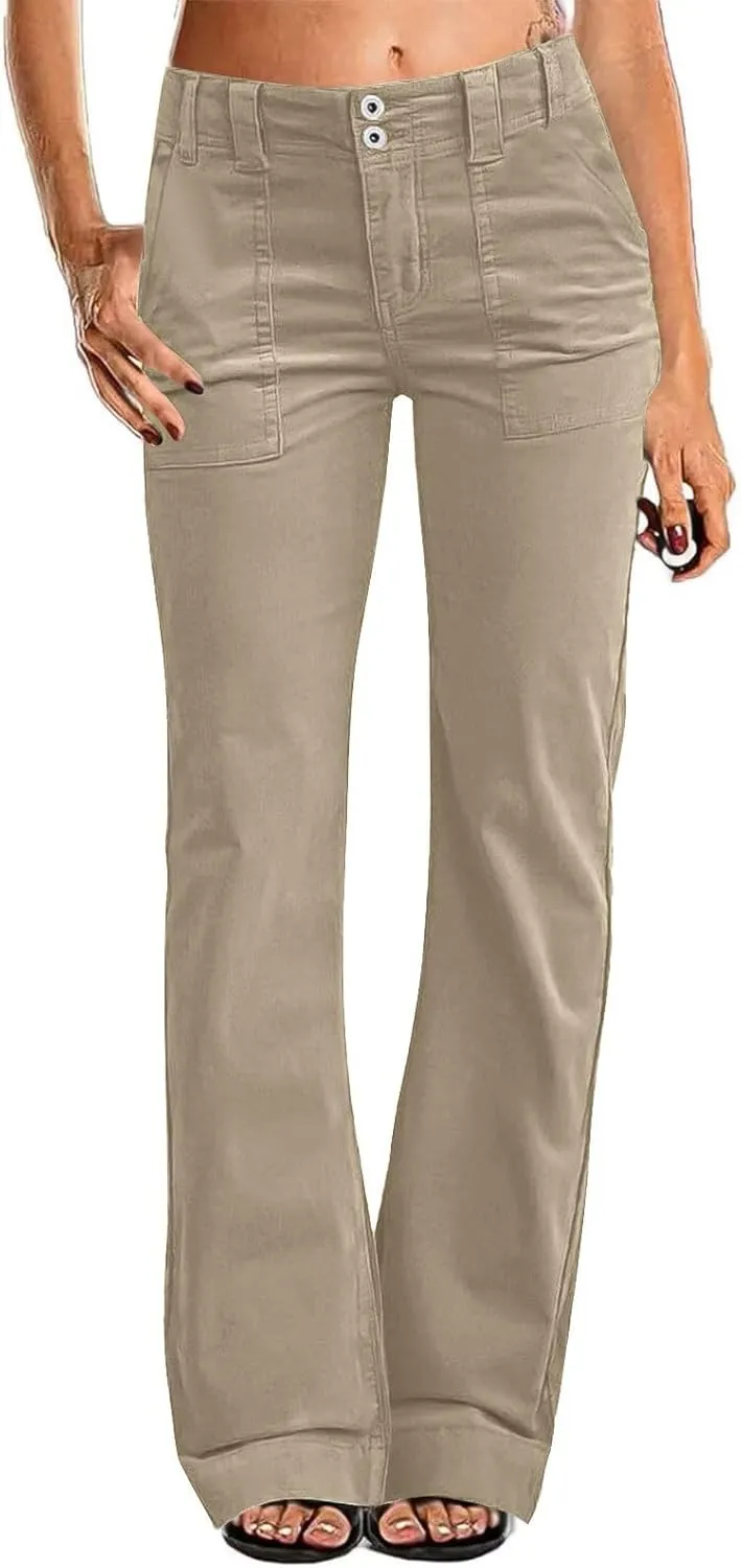 Twill Wide Leg Pants Woman Causal High Waisted Flared Pants with Pockets Classic Comfort Straight Leg Twill Pant