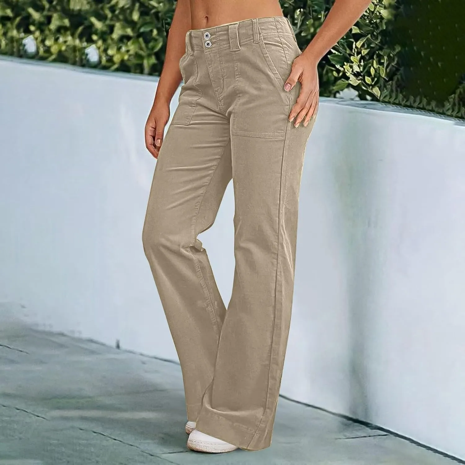Twill Wide Leg Pants Woman Causal High Waisted Flared Pants with Pockets Classic Comfort Straight Leg Twill Pant