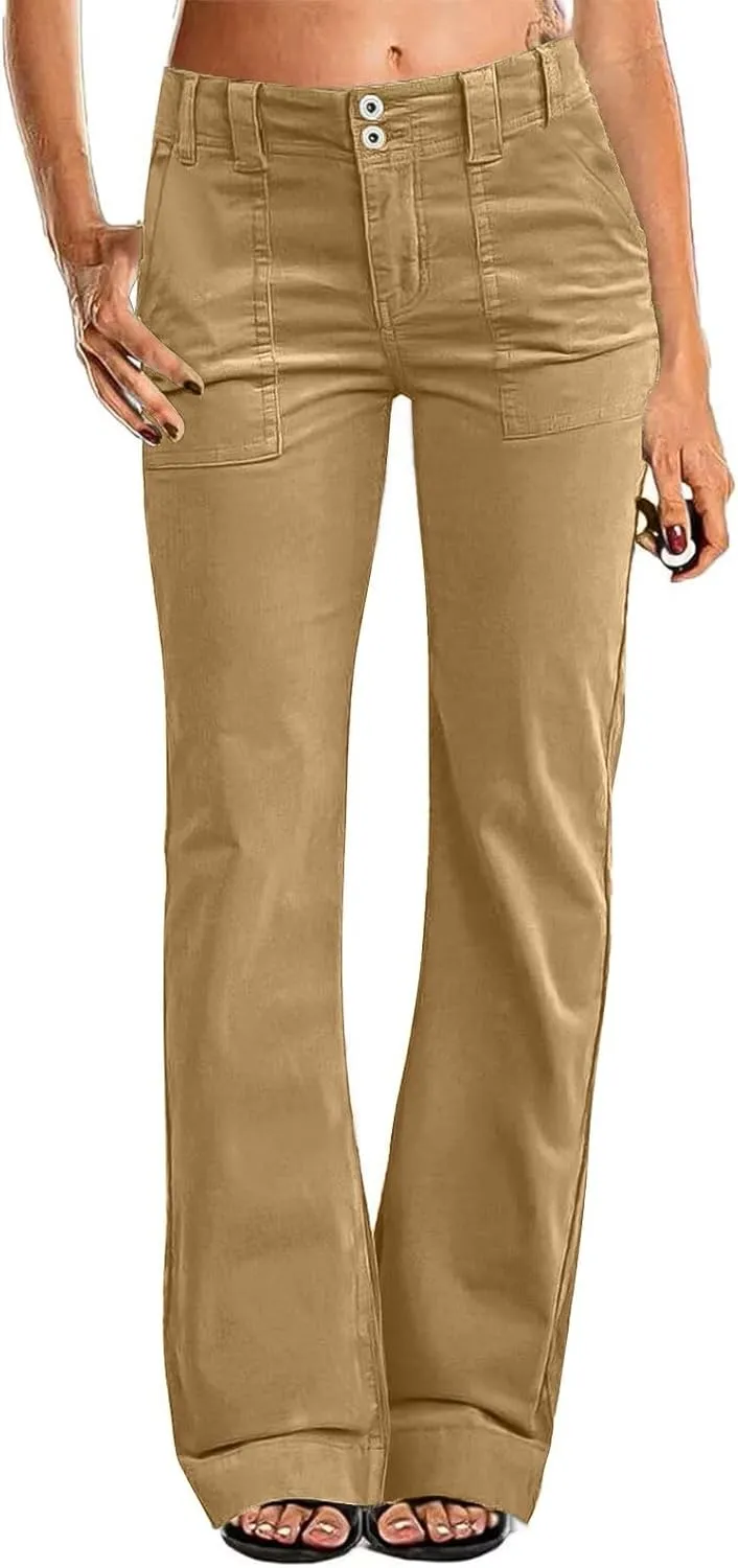 Twill Wide Leg Pants Woman Causal High Waisted Flared Pants with Pockets Classic Comfort Straight Leg Twill Pant