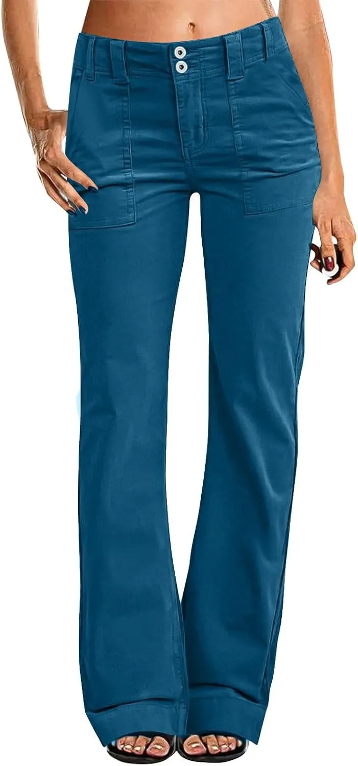 Twill Wide Leg Pants Woman Causal High Waisted Flared Pants with Pockets Classic Comfort Straight Leg Twill Pant