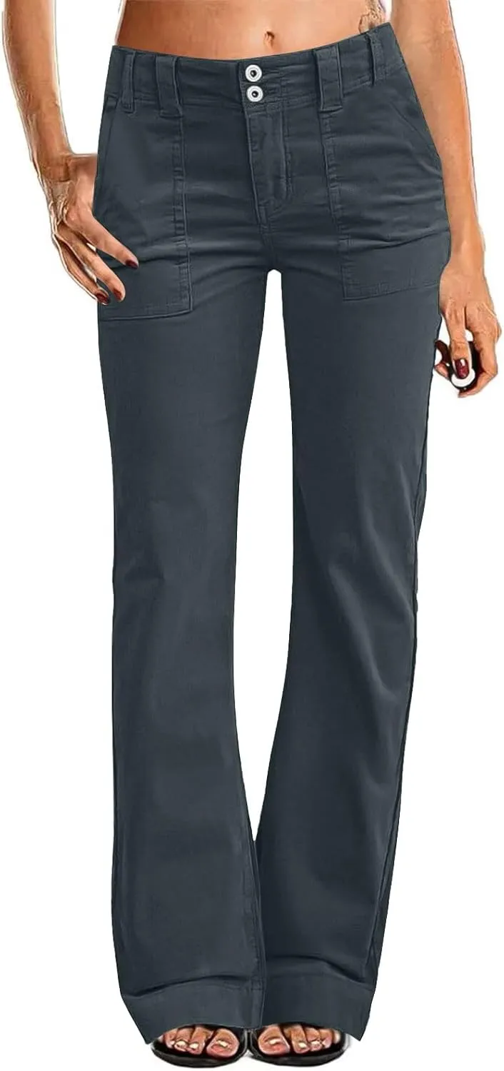 Twill Wide Leg Pants Woman Causal High Waisted Flared Pants with Pockets Classic Comfort Straight Leg Twill Pant