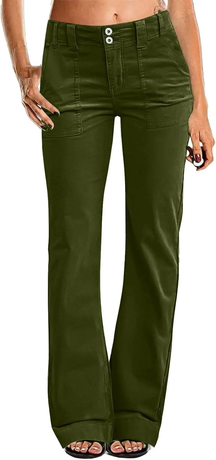 Twill Wide Leg Pants Woman Causal High Waisted Flared Pants with Pockets Classic Comfort Straight Leg Twill Pant