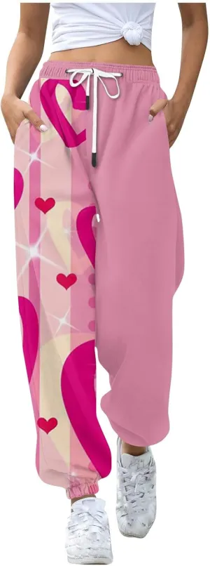 Valentines Sweatpant for Women Love Heart Printed Baggy Pants Elastic Waist Joggers Casual Loose Trousers Bottoms