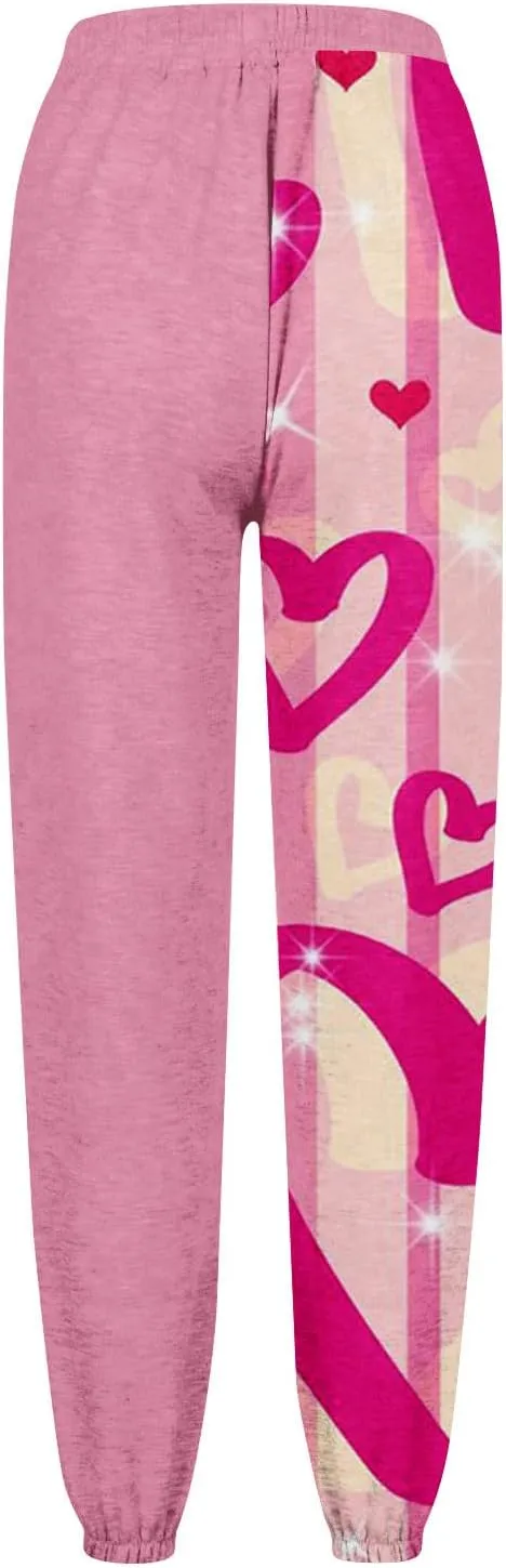 Valentines Sweatpant for Women Love Heart Printed Baggy Pants Elastic Waist Joggers Casual Loose Trousers Bottoms