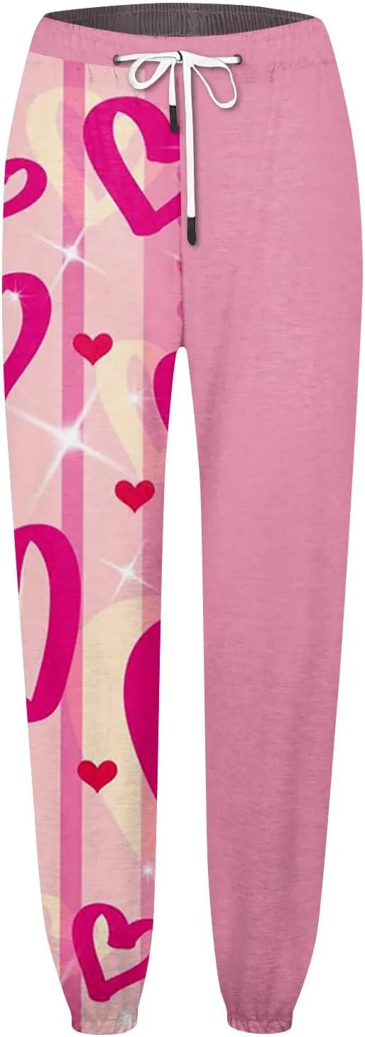 Valentines Sweatpant for Women Love Heart Printed Baggy Pants Elastic Waist Joggers Casual Loose Trousers Bottoms
