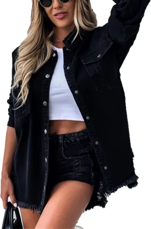 VIVICOLOR Women's Distressed Jean Jacket Women's Long Sleeve Denim Trucker Jackets Blue Ripped Jean Jacket