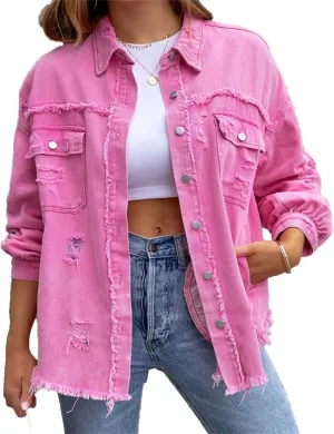 VIVICOLOR Women's Frayed Denim Trucker Jackets Women's Ripped Oversized Denim Jacket Washed Distressed Jean Jacket