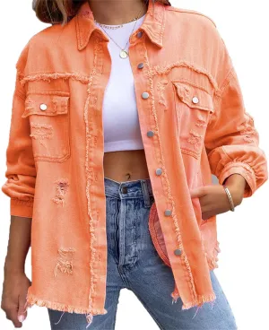 VIVICOLOR Women's Frayed Denim Trucker Jackets Women's Ripped Oversized Denim Jacket Washed Distressed Jean Jacket