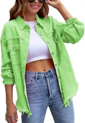 VIVICOLOR Women's Frayed Denim Trucker Jackets Women's Ripped Oversized Denim Jacket Washed Distressed Jean Jacket