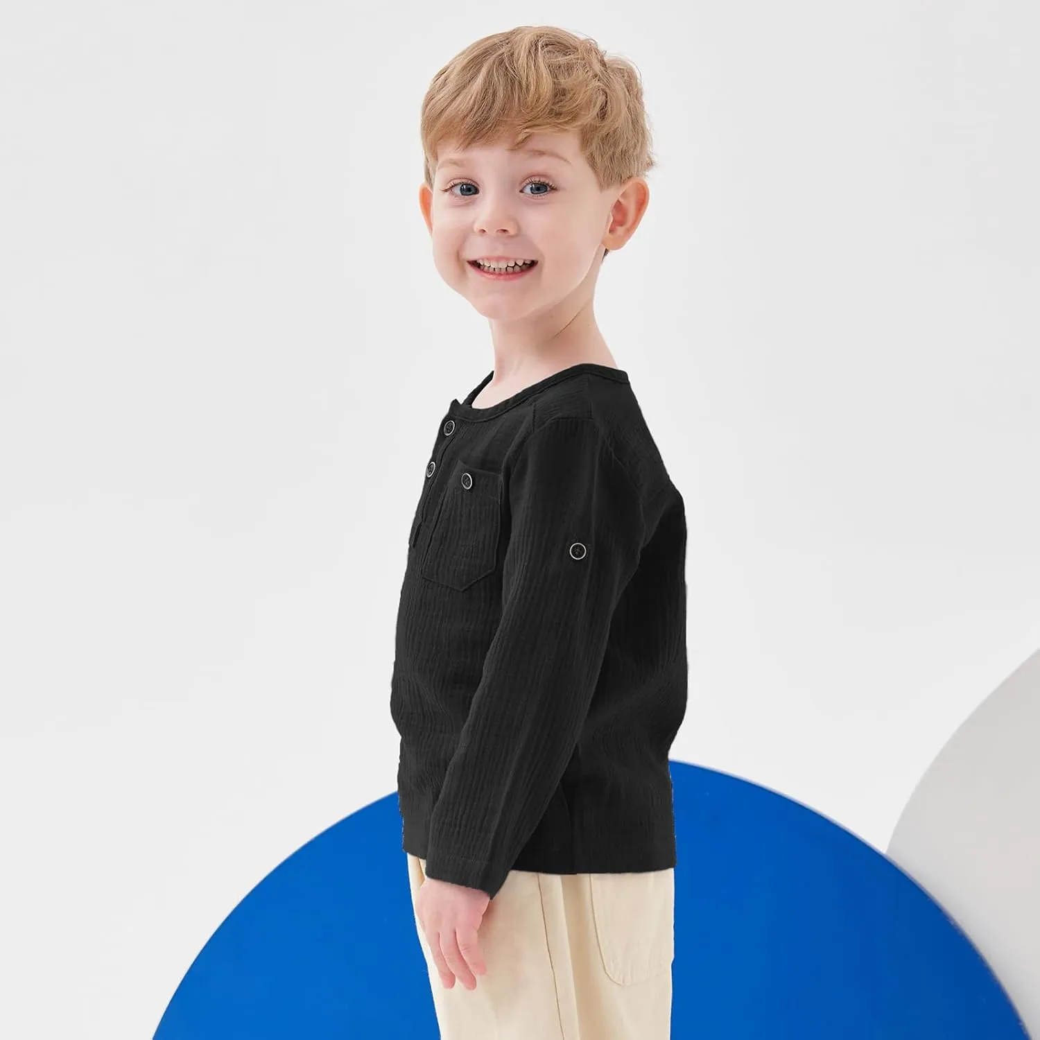 Volunboy Toddler Boys Henley Long Sleeve Cotton Linen Shirt Solid Short Beach Casual Button Tees Tops