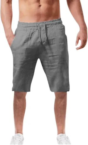 WABEOR Bermuda Shorts for Men Knee Length Cotton Linen Shorts Elastic Waist Beach Long Shorts Comfy Casual Summer Shorts