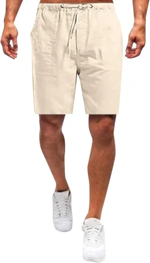 WABEOR Cotton Linen Shorts for Men Casual Summer Loose Fit Beach Shorts Elastic Waist Drawstring Shorts Comfy Lounge Shorts