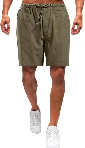 WABEOR Cotton Linen Shorts for Men Casual Summer Loose Fit Beach Shorts Elastic Waist Drawstring Shorts Comfy Lounge Shorts