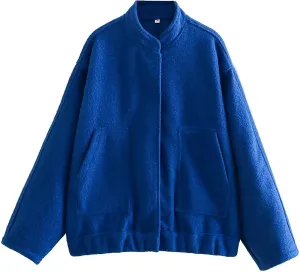 Wanzetaly Womens Oversized Wool Blend Jackets Casual Button Down Stand Collar Long Sleeve Bomber Jackets