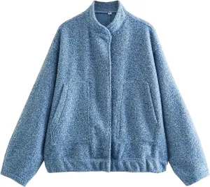 Wanzetaly Womens Oversized Wool Blend Jackets Casual Button Down Stand Collar Long Sleeve Bomber Jackets