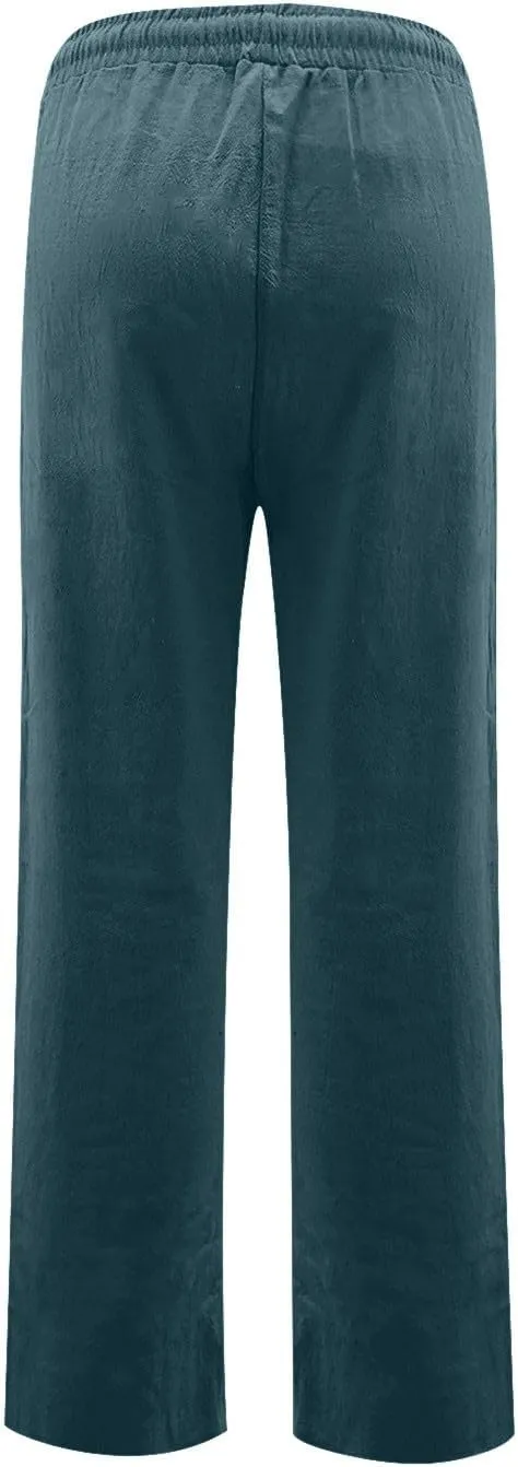 Wide Leg Linen Pants Women Cotton Drawstring Waist Summer Pants Relaxed Fit Boho Beach Lounge Trousers with Pockets