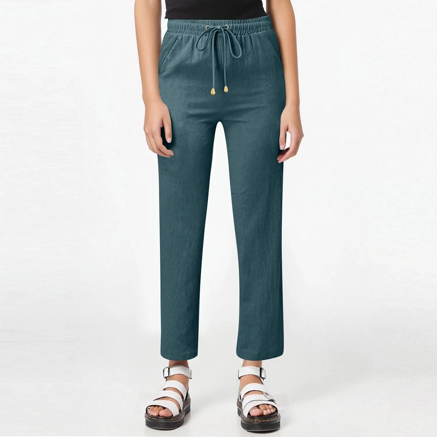 Wide Leg Linen Pants Women Cotton Drawstring Waist Summer Pants Relaxed Fit Boho Beach Lounge Trousers with Pockets