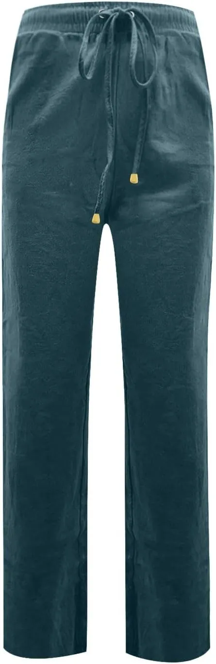 Wide Leg Linen Pants Women Cotton Drawstring Waist Summer Pants Relaxed Fit Boho Beach Lounge Trousers with Pockets