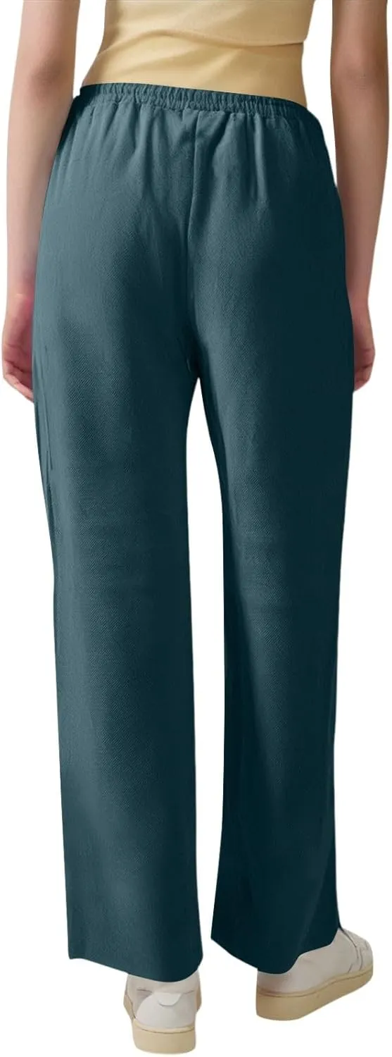 Wide Leg Linen Pants Women Cotton Drawstring Waist Summer Pants Relaxed Fit Boho Beach Lounge Trousers with Pockets
