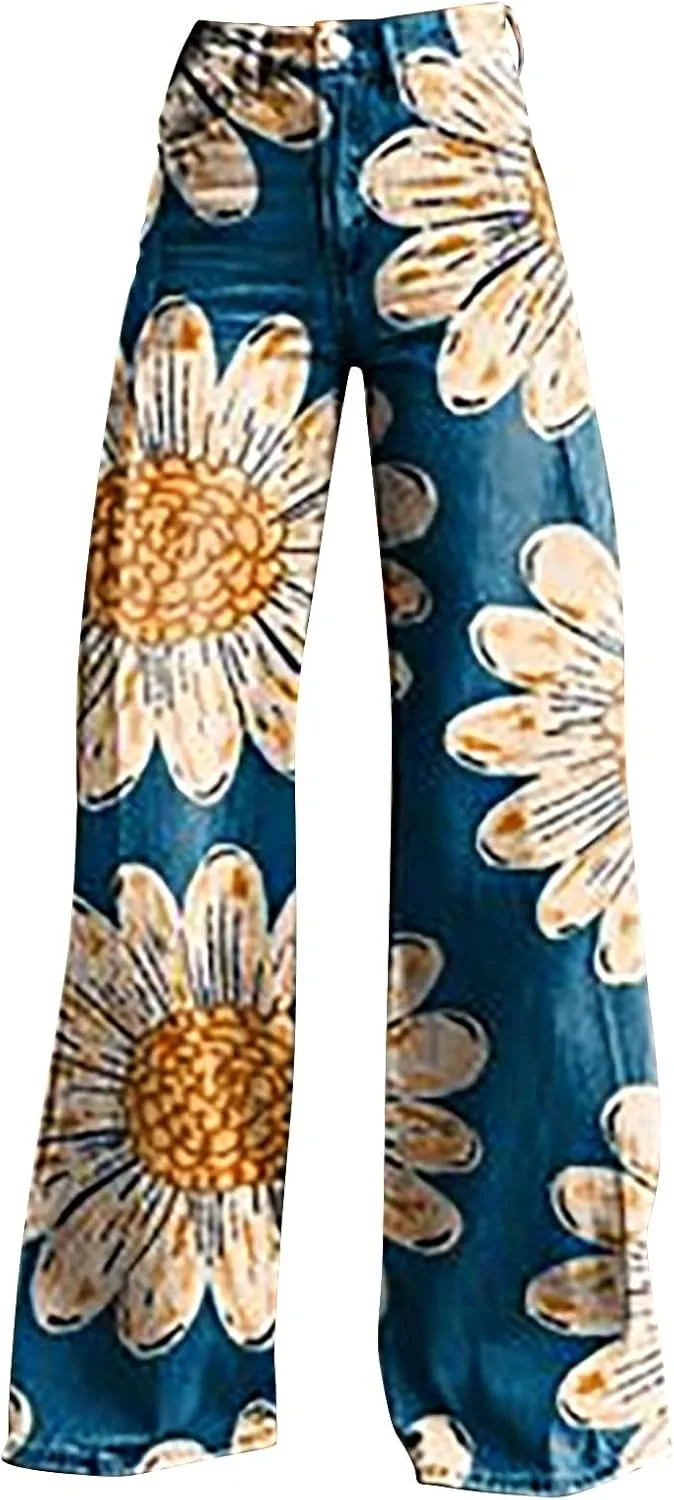 Wide Leg Straight Maxi Pants for Women 2024 Fashion Colorful Printed High Waisted Palazzo Relaxed Fit Street Trousers