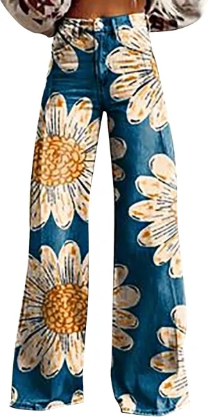 Wide Leg Straight Maxi Pants for Women 2024 Fashion Colorful Printed High Waisted Palazzo Relaxed Fit Street Trousers