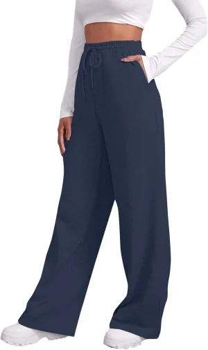 Wide Leg Sweat Pants for Womens Joggers with Pockets Comfy Fleece Sweatpants Elastic Waist Workout Lounge Pants
