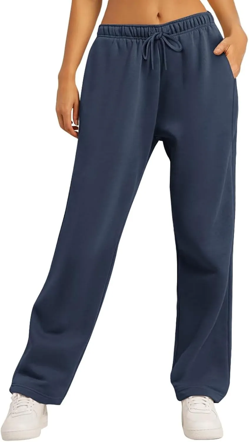 Wide Leg Sweat Pants for Womens Joggers with Pockets Comfy Fleece Sweatpants Elastic Waist Workout Lounge Pants
