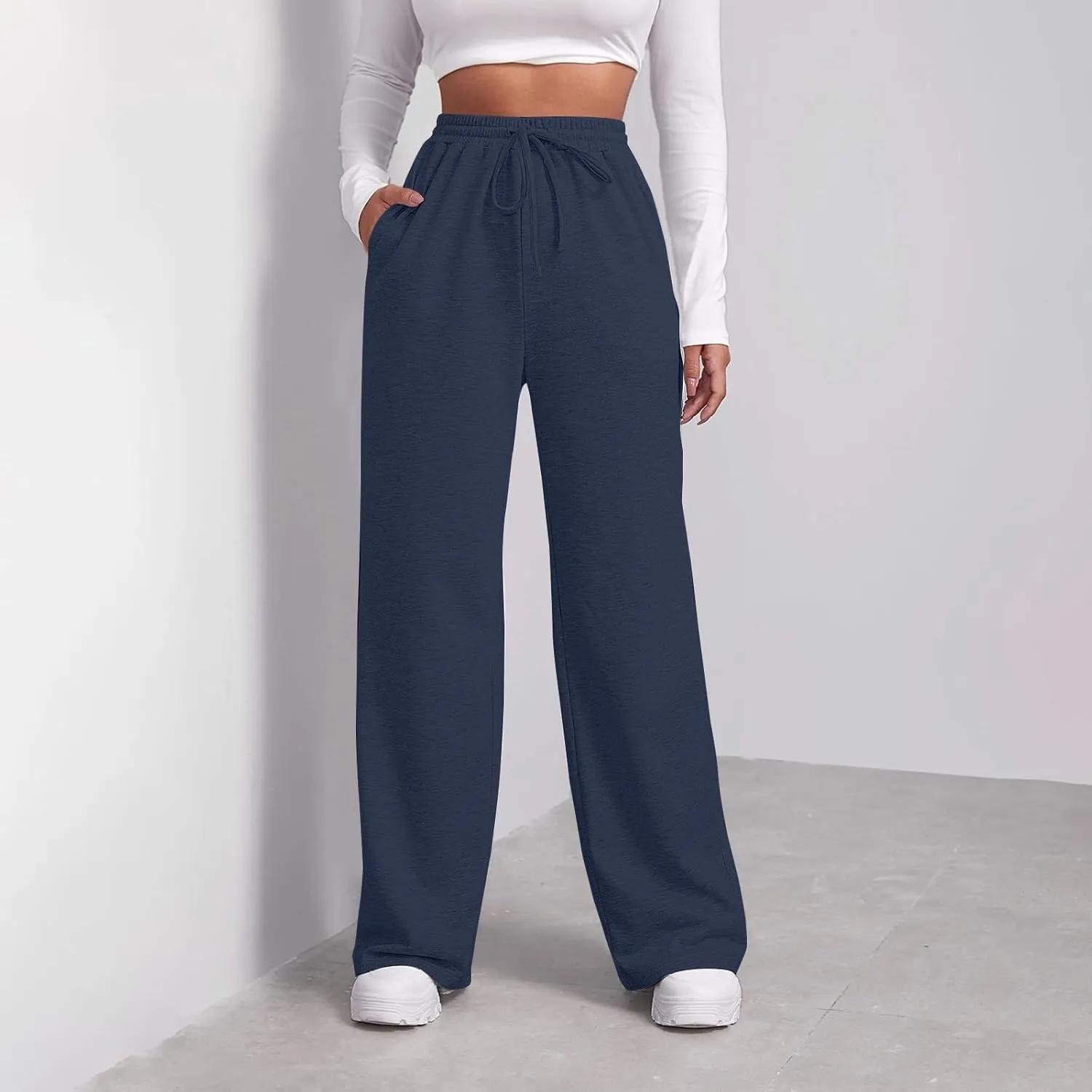 Wide Leg Sweat Pants for Womens Joggers with Pockets Comfy Fleece Sweatpants Elastic Waist Workout Lounge Pants
