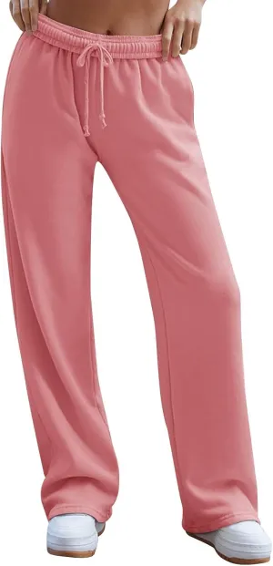 Wide Leg Sweatpants for Women Baggy Interior Drawstring Track Pants High Waisted Athletic Joggers with Pockets