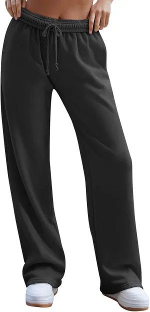 Wide Leg Sweatpants for Women Baggy Interior Drawstring Track Pants High Waisted Athletic Joggers with Pockets