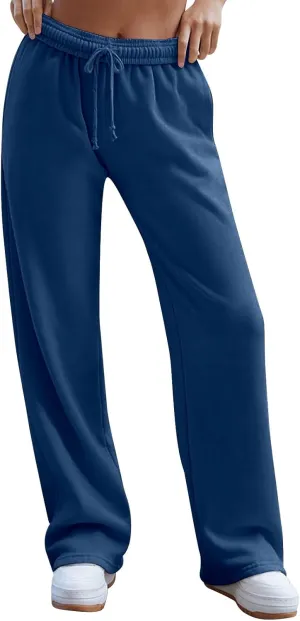 Wide Leg Sweatpants for Women Baggy Interior Drawstring Track Pants High Waisted Athletic Joggers with Pockets