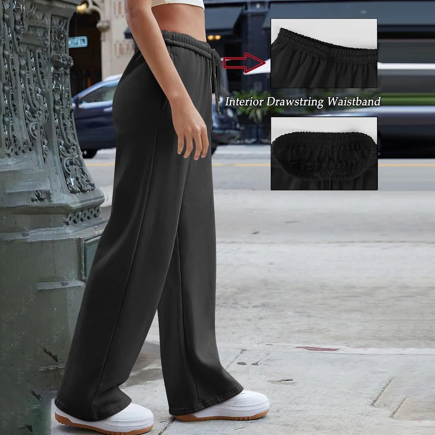 Wide Leg Sweatpants for Women Baggy Interior Drawstring Track Pants High Waisted Athletic Joggers with Pockets