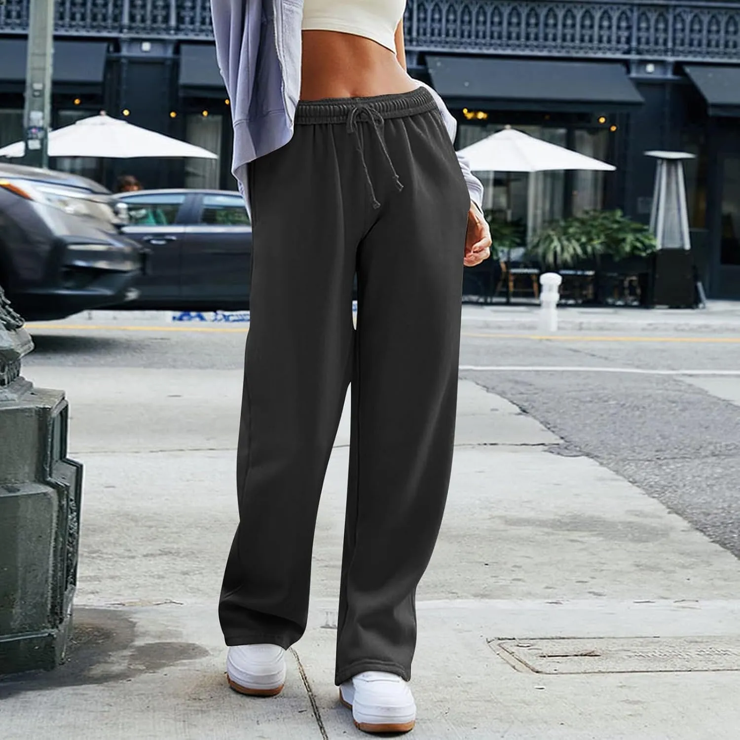 Wide Leg Sweatpants for Women Baggy Interior Drawstring Track Pants High Waisted Athletic Joggers with Pockets