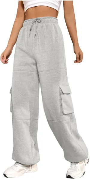 Wide Leg Sweatpants Women Baggy Fleece Lined Cargo Joggers with Pockets Loose Adjustable Bottom Parachute Pants