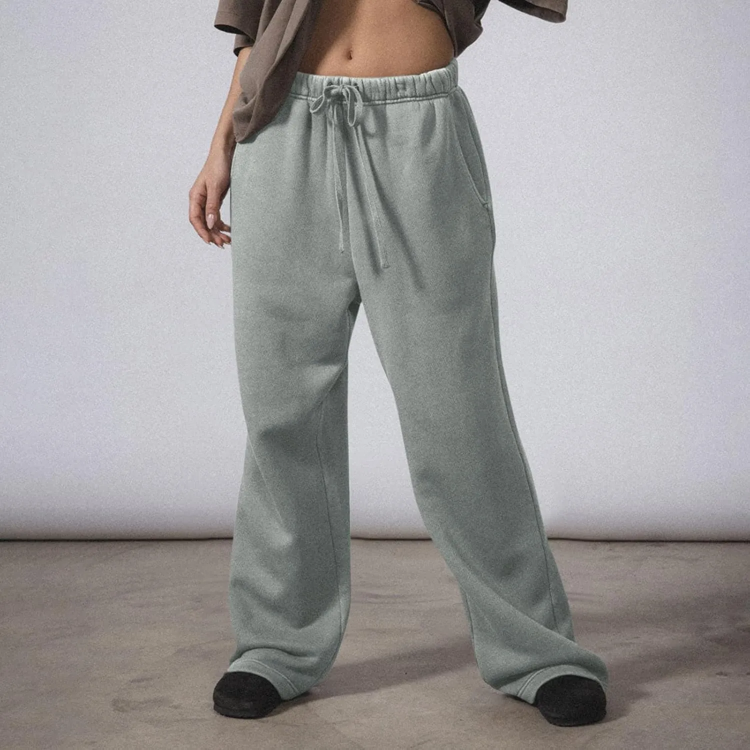 Wide Leg Sweatpants Women Casual Comfy Fleece Lined Joggers Baggy Drawstring Low Rise Sweat Pants with Pockets