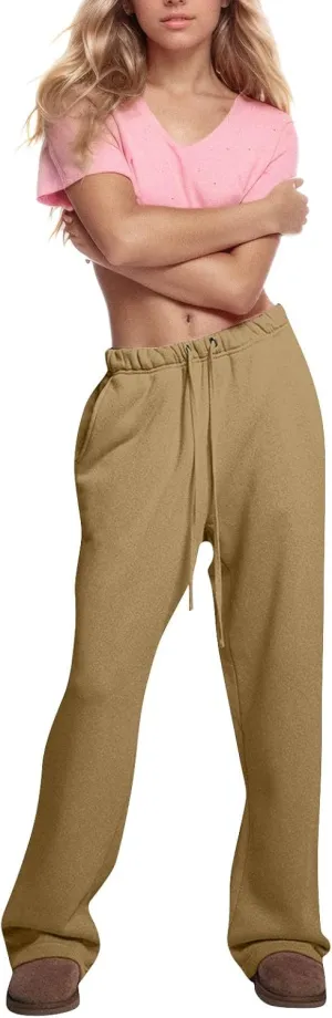 Wide Leg Sweatpants Women Casual Comfy Fleece Lined Joggers Baggy Drawstring Low Rise Sweat Pants with Pockets