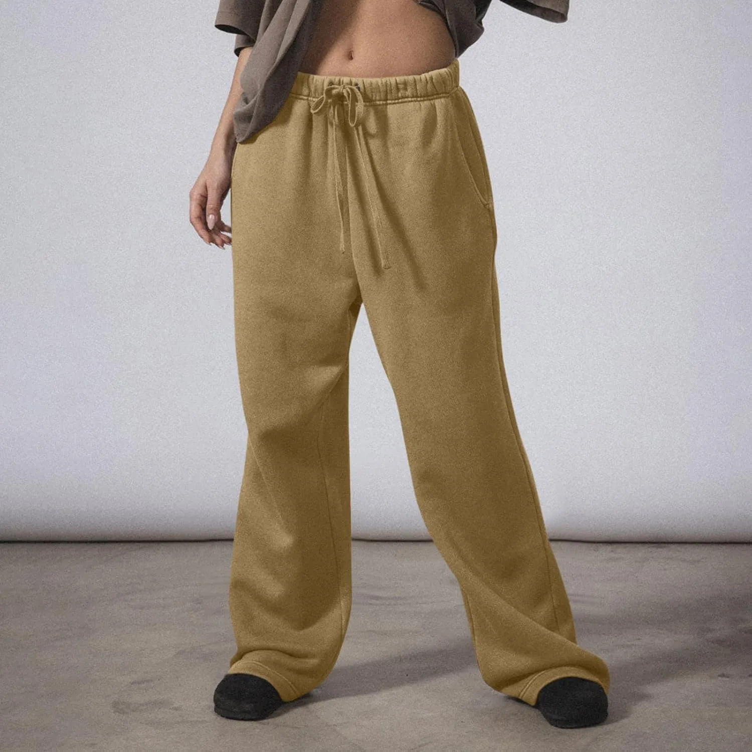 Wide Leg Sweatpants Women Casual Comfy Fleece Lined Joggers Baggy Drawstring Low Rise Sweat Pants with Pockets