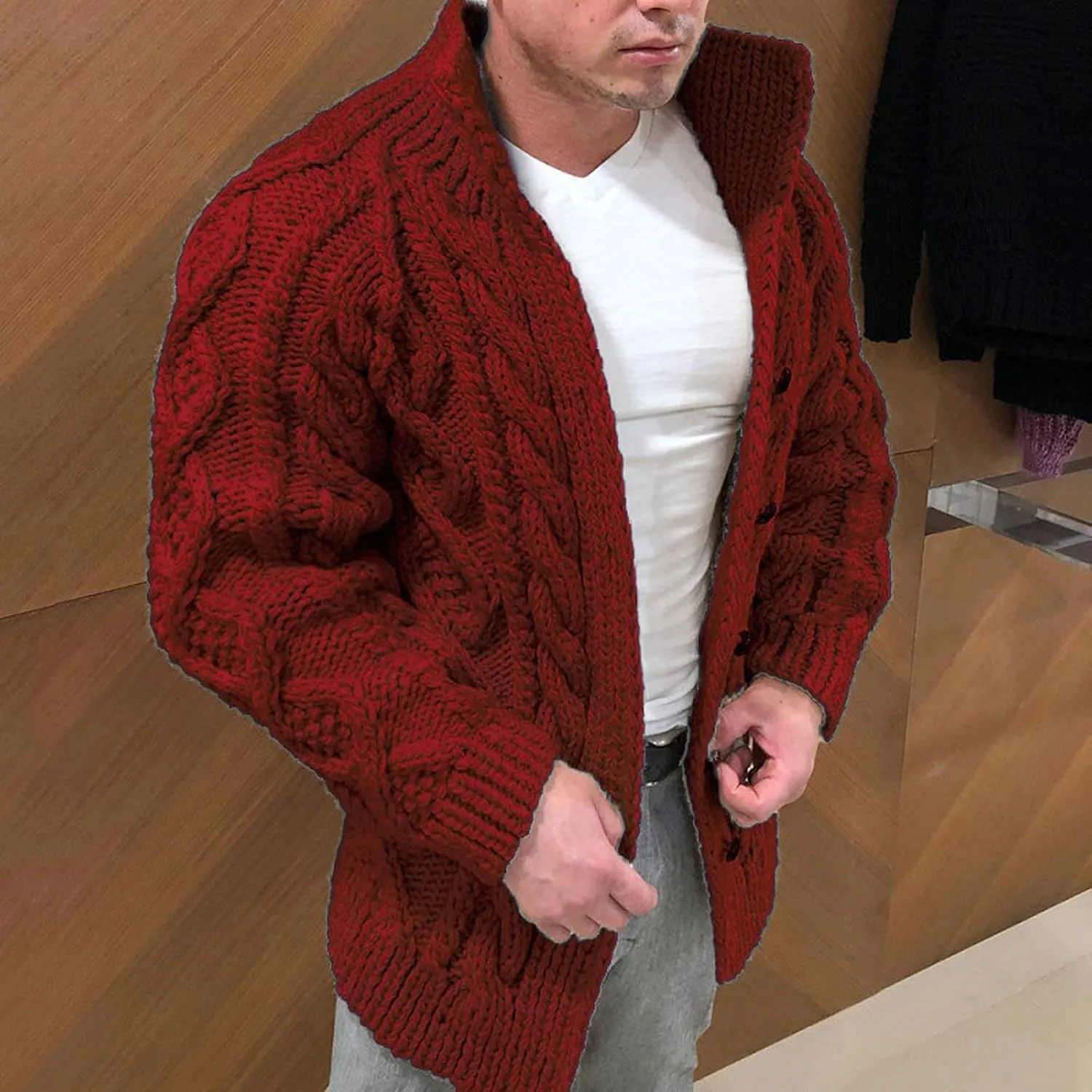 Winter Cardigan Sweater Men Cable Knit Cardigan Sweaters Button Down Knitted Sweater Stand Collar Sweaters