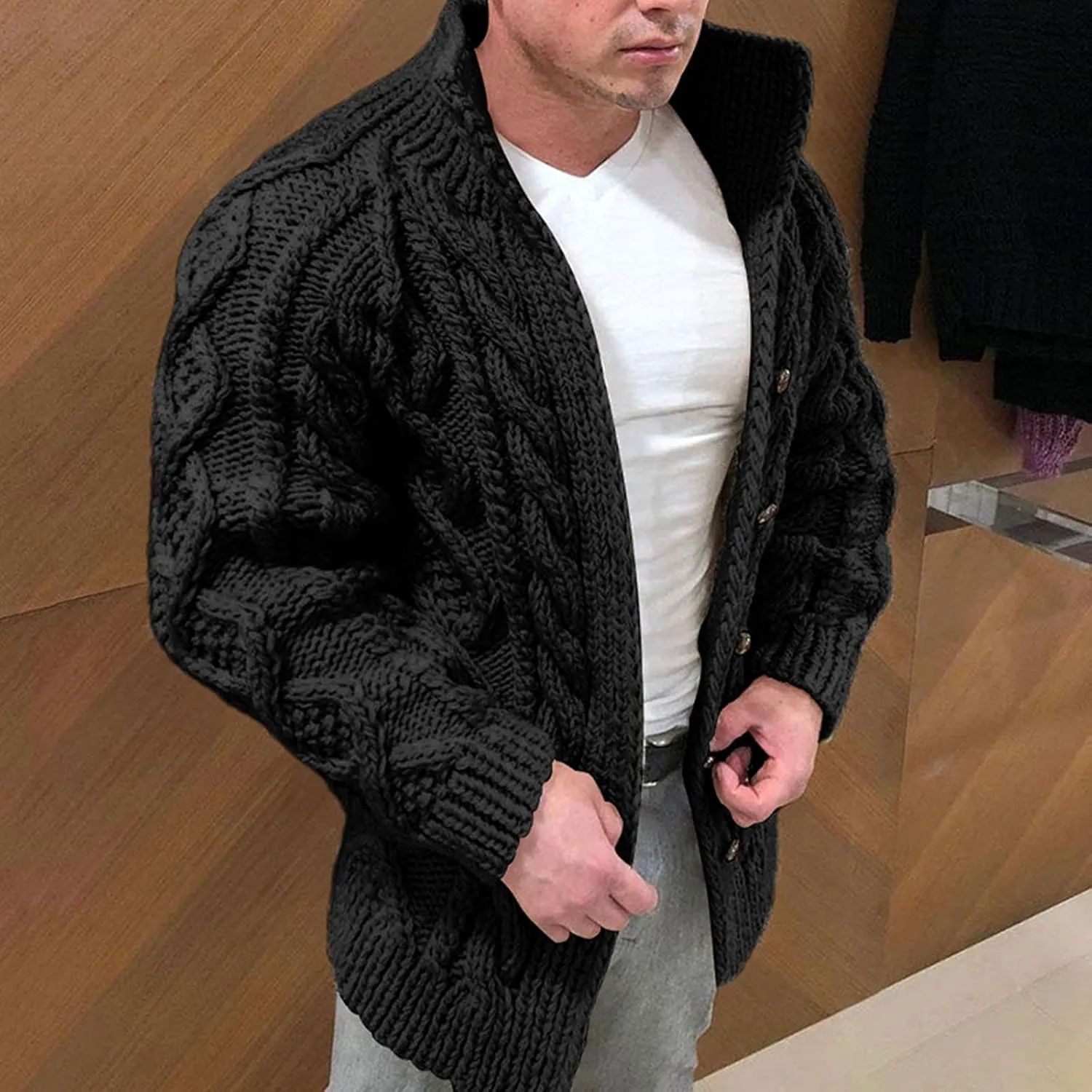 Winter Cardigan Sweater Men Cable Knit Cardigan Sweaters Button Down Knitted Sweater Stand Collar Sweaters