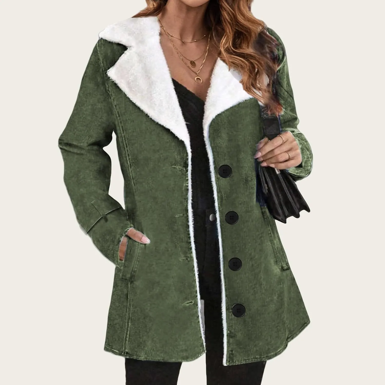 Winter Coats for Women Sherpa Fleece Lined Jacket Fuzzy Button Dwon Lapel Thick Parka Jackets Comfy Wool Coats