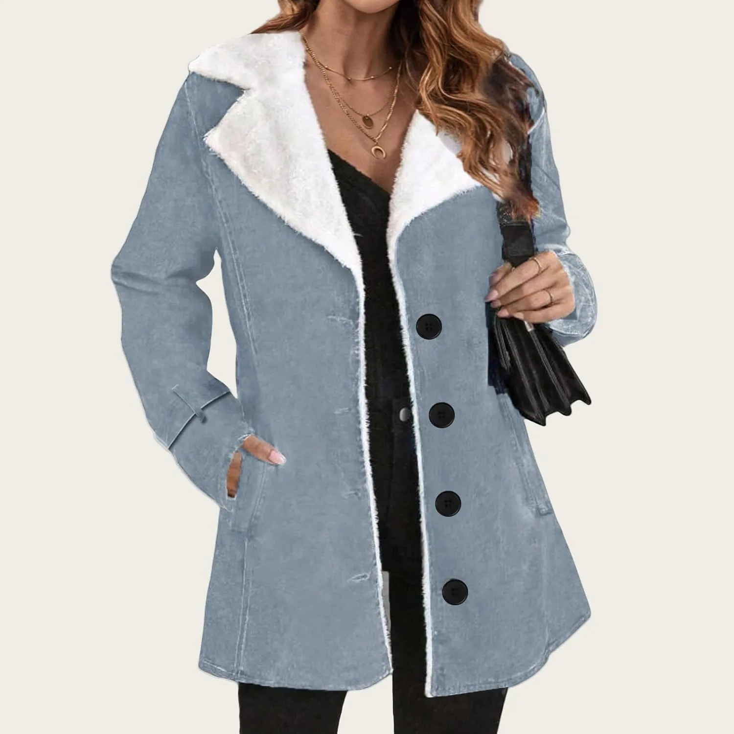 Winter Coats for Women Sherpa Fleece Lined Jacket Fuzzy Button Dwon Lapel Thick Parka Jackets Comfy Wool Coats