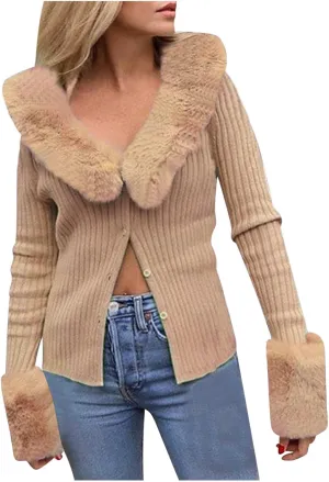 Wkishenl Women Knit Sweater Cardigan Solid Color Button Down Open Front Coat Fall Fashion Outwear with Fur Collar Cuffs Tops